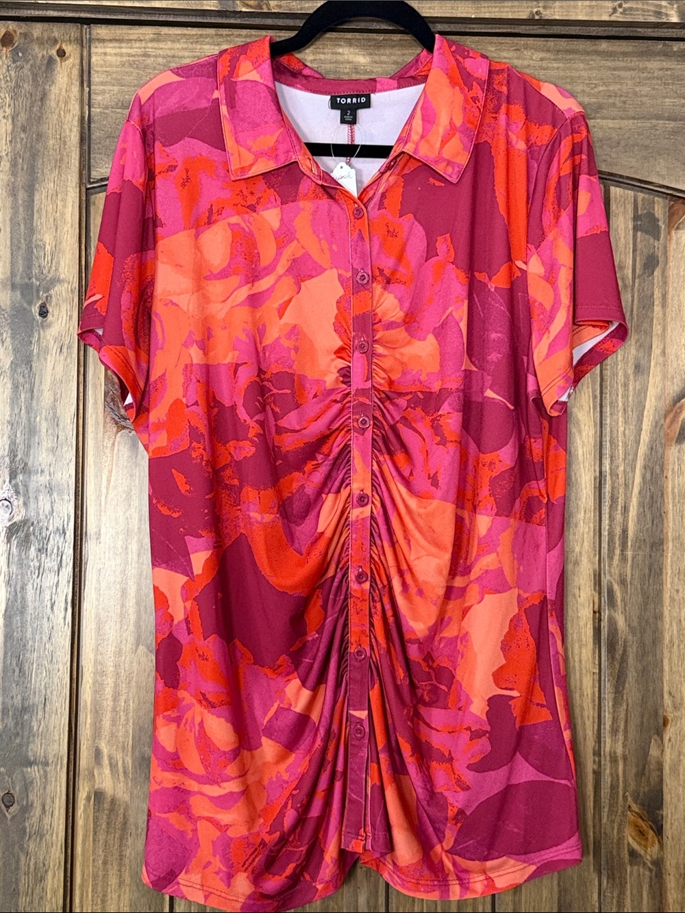 torrid Pink & Orange Abstract Ruched Button-Front Top